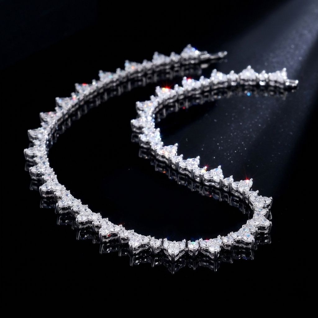 Detailed luxury jewelry photography of a crystal necklace featuring a heart-patterned design, displayed on a high-end reflective black surface with dramatic low-key lighting.