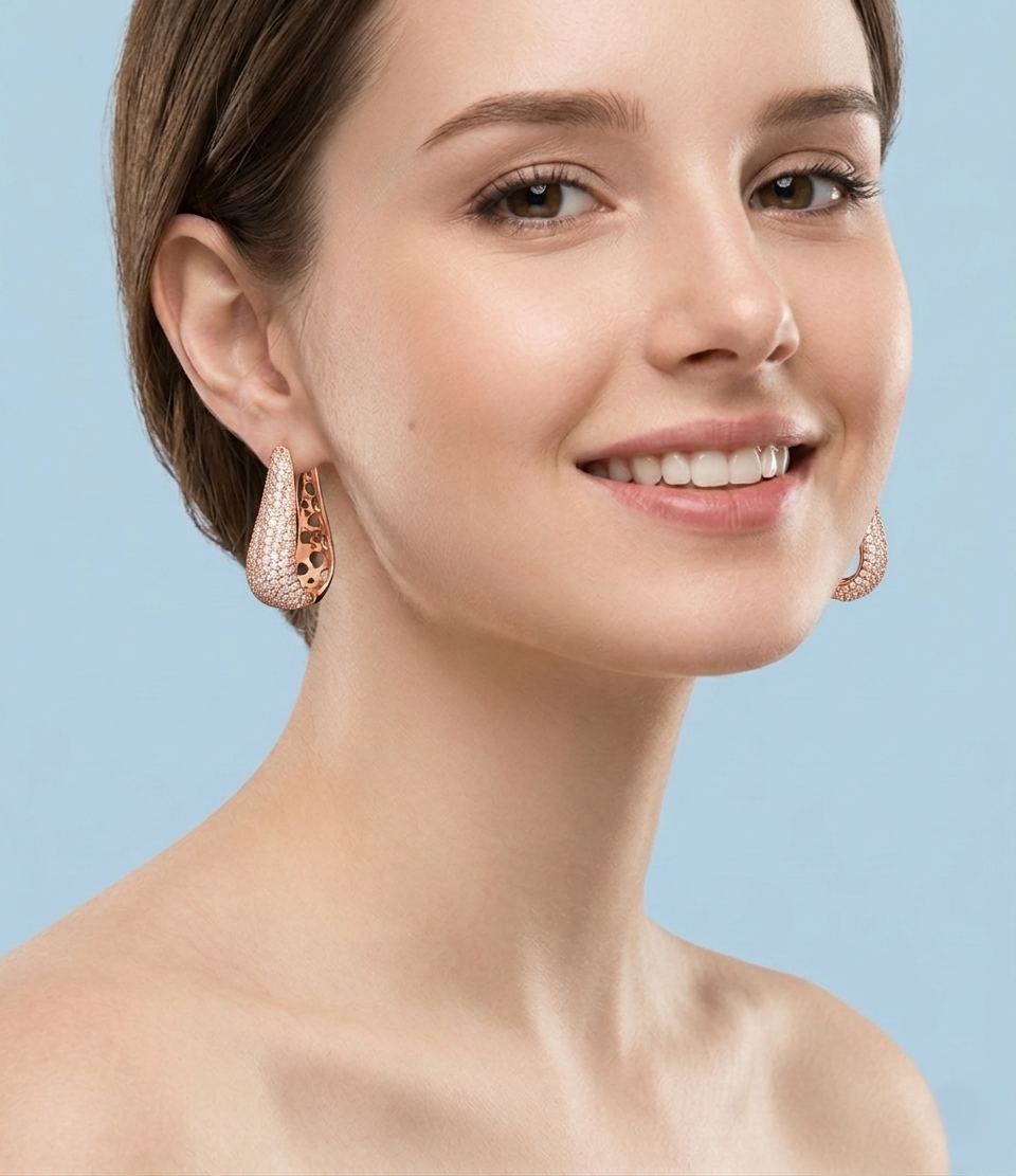 Close-up portrait of a woman wearing elegant, pavé-set rose gold teardrop hoop earrings, reflecting a minimalist and sophisticated jewelry style.