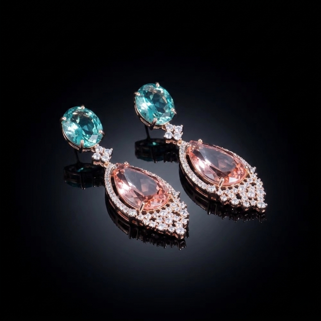 Elegant drop earrings featuring a teardrop-shaped peach-colored stone suspended from an oval turquoise-hued stone, accented with small clear crystals on a dark background.