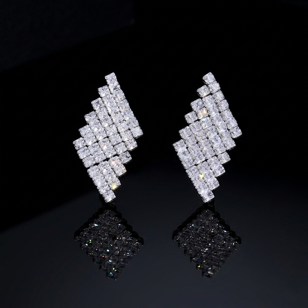 Architectural geometric earrings with clear stone accents, displayed on a black reflective surface for a minimalist luxury aesthetic.