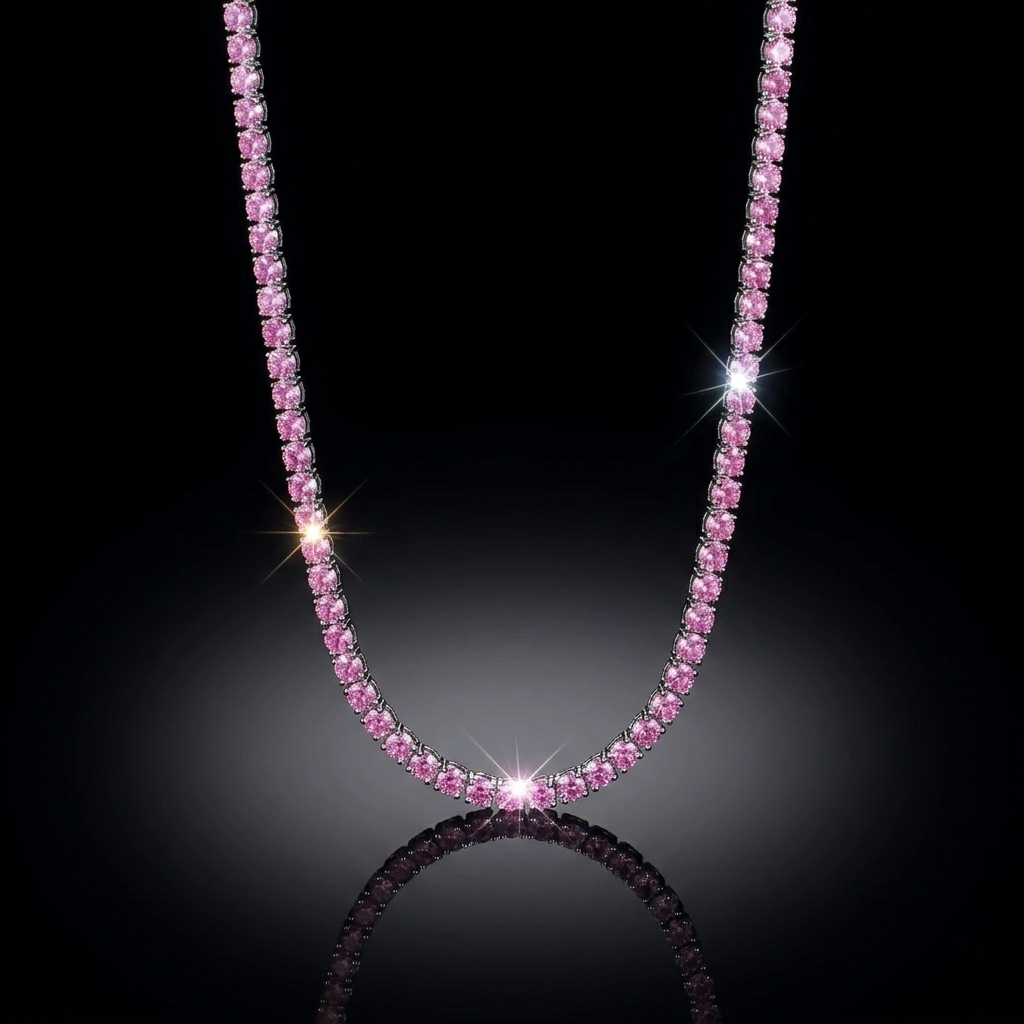 Luxury pink gemstone tennis necklace hanging in a symmetrical U-shape against a pitch-black background with dramatic lighting and a soft surface reflection.
