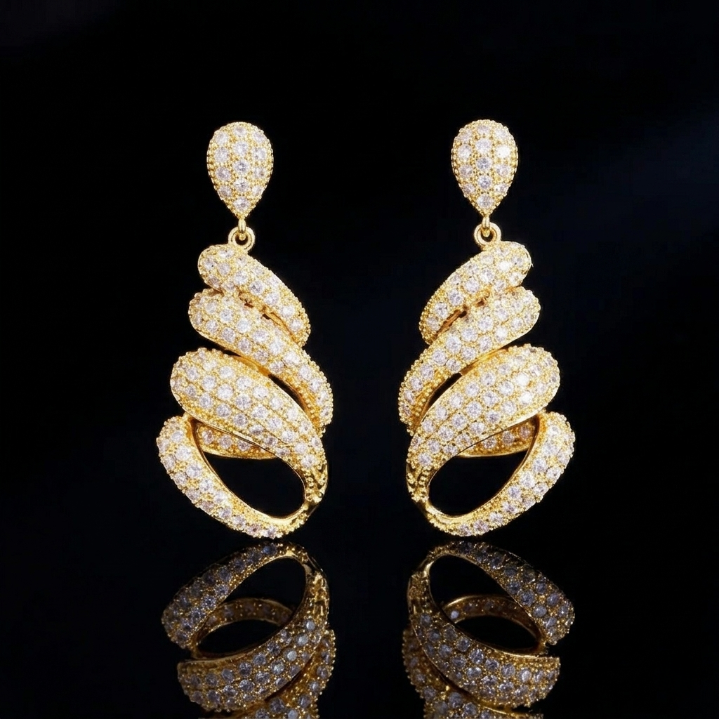 Elegant pair of gold spiral earrings encrusted with sparkling white stones, displayed on a reflective black surface with dramatic low-key studio lighting, creating a sophisticated and luxurious product presentation.