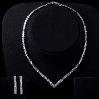 Sparkling V-shaped cubic zirconia tennis necklace and matching linear drop earrings set