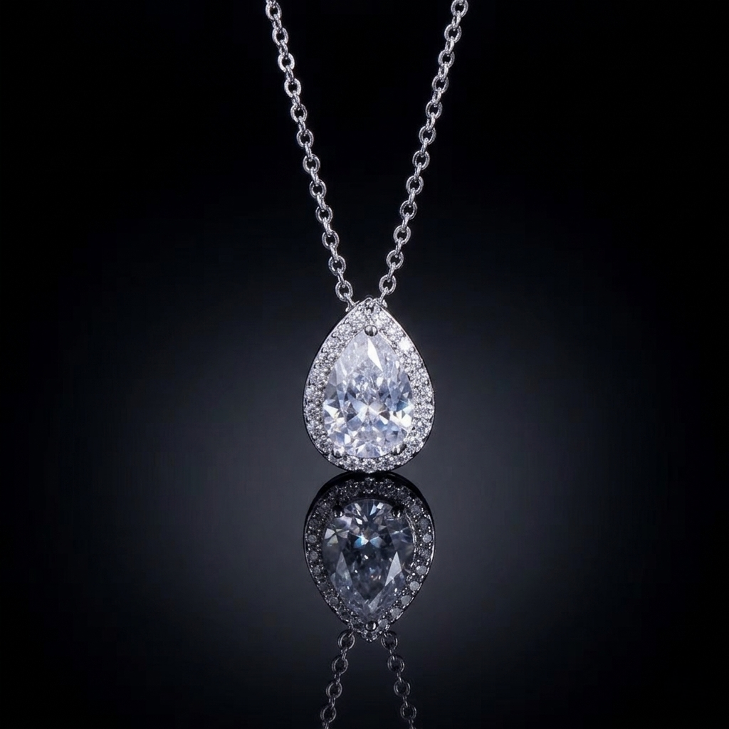 A delicate pear-shaped crystal pendant on a thin, luminous chain against a dark background, representing minimalist and sophisticated luxury style.