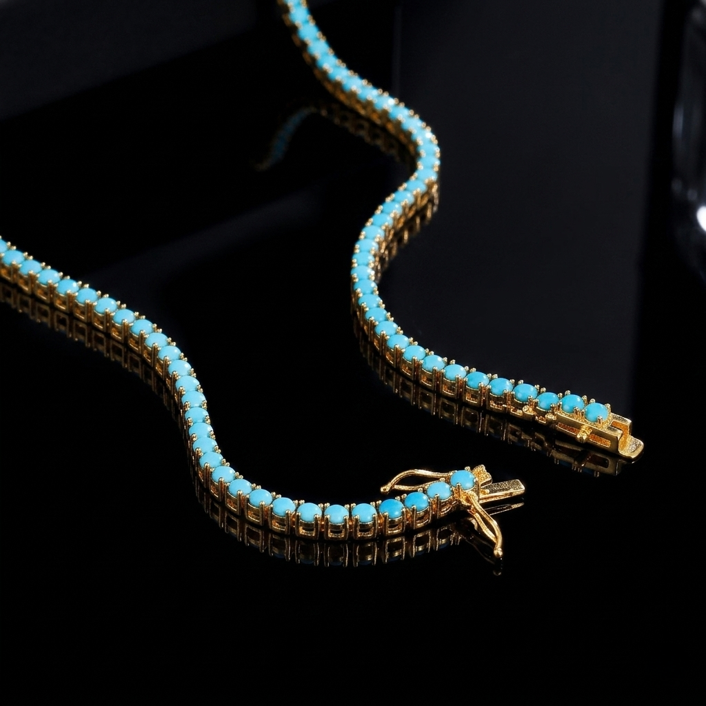 Gold- tone tennis necklace with round turquoise stones, showing clasp detail on a black background.