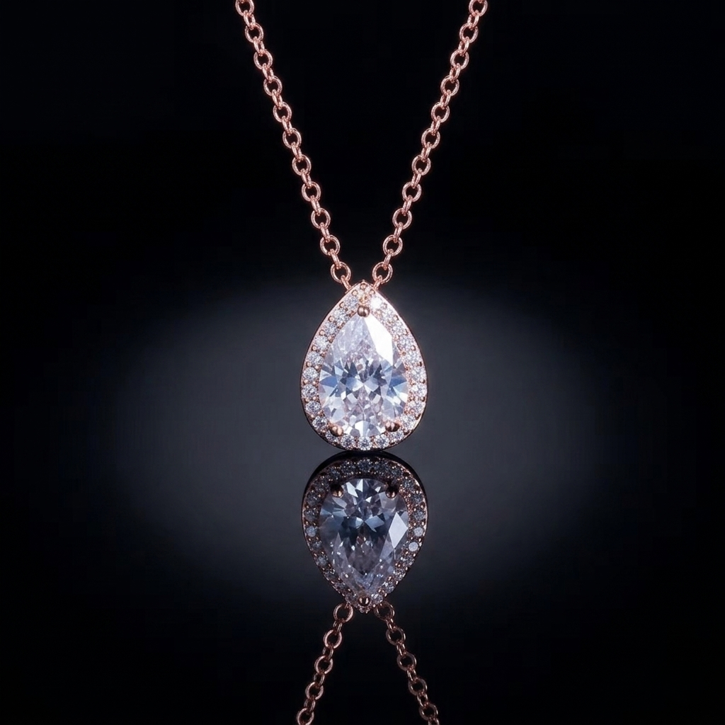 A delicate pear-shaped crystal pendant on a thin, luminous chain against a dark background, representing minimalist and sophisticated luxury style.