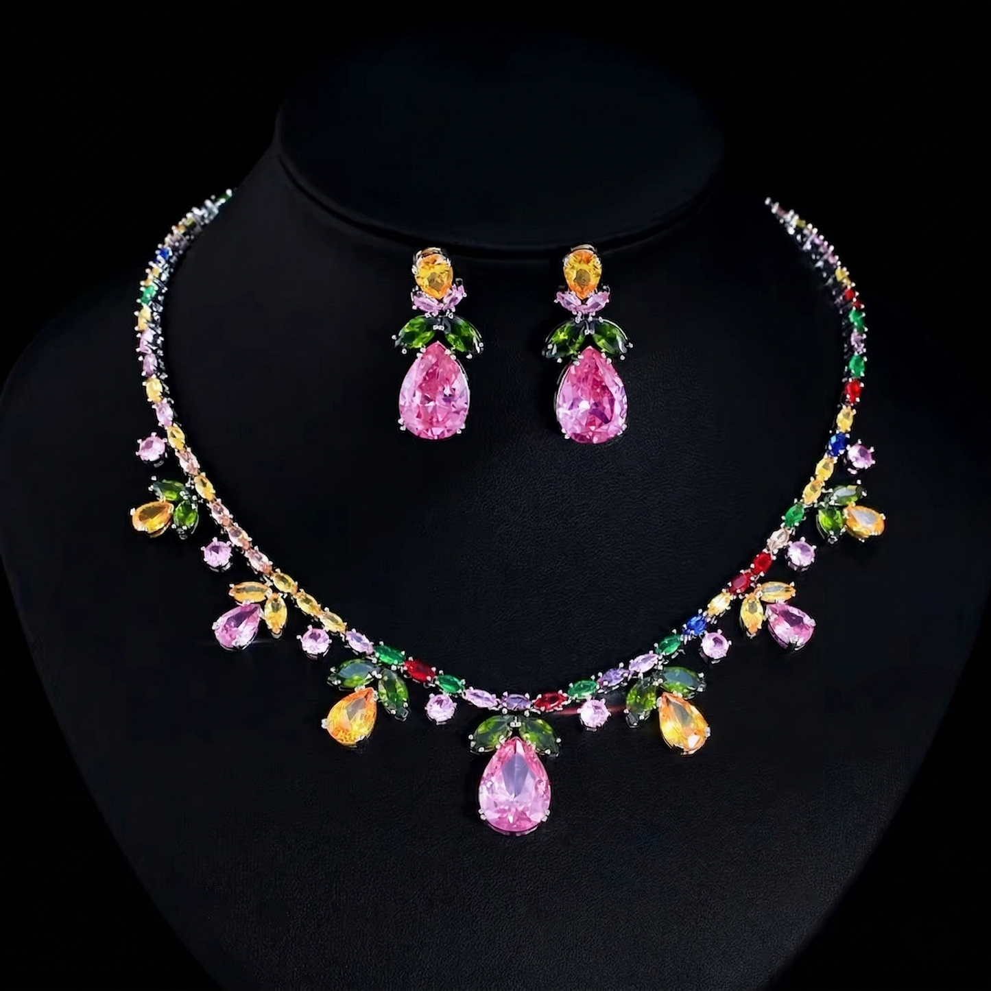 Floral luxury jewelry set, vibrant pink and green zircon stones, necklace and earrings for a high-fashion statement look