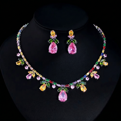 Floral luxury jewelry set, vibrant pink and green zircon stones, necklace and earrings for a high-fashion statement look