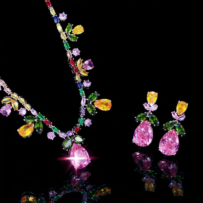 Floral luxury jewelry set, vibrant pink and green zircon stones, necklace and earrings for a high-fashion statement look