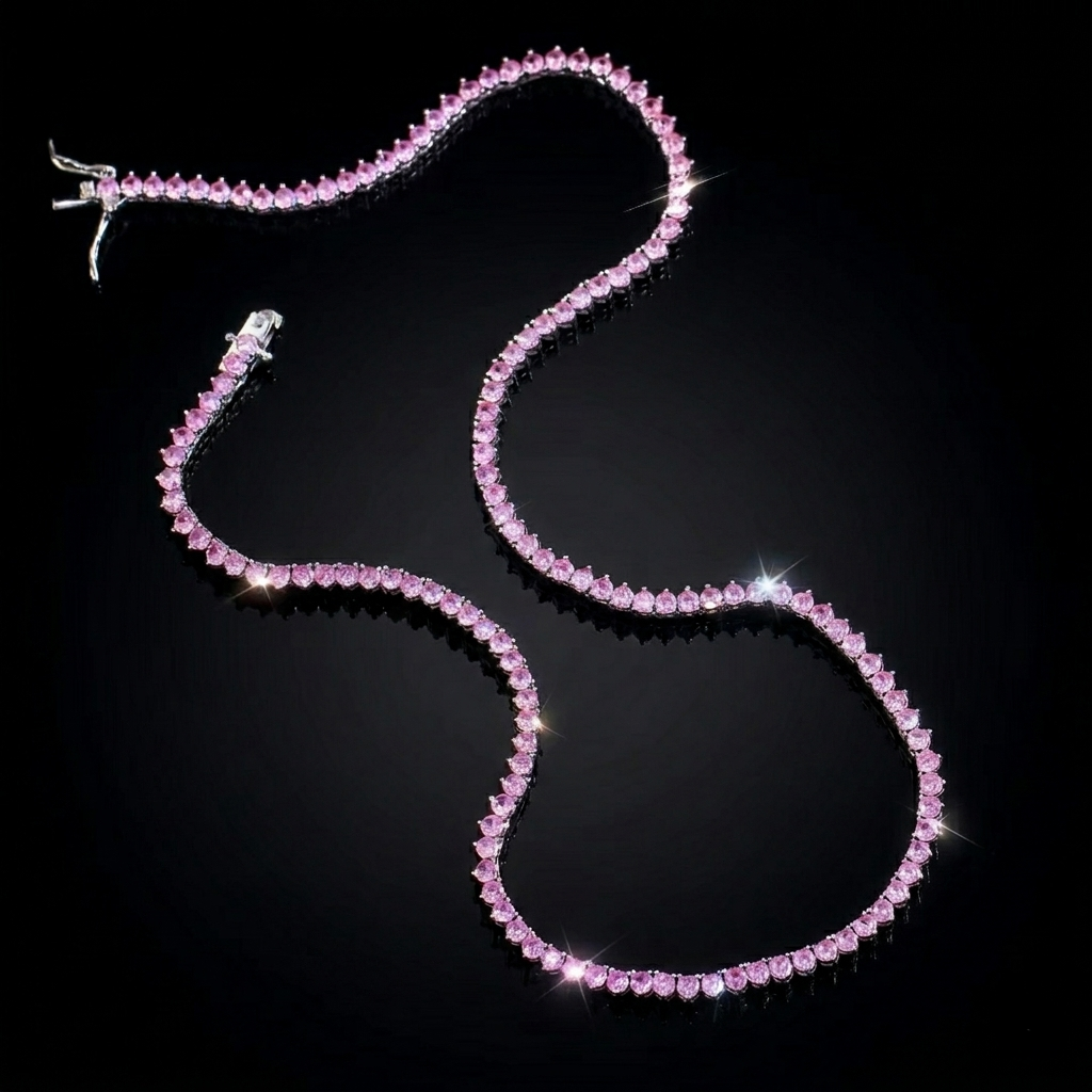 Exquisite pink stone tennis necklace featuring brilliant-cut gems set in a delicate chain, displayed on a sleek, pitch-black reflective surface for a high-end luxury jewelry presentation.
