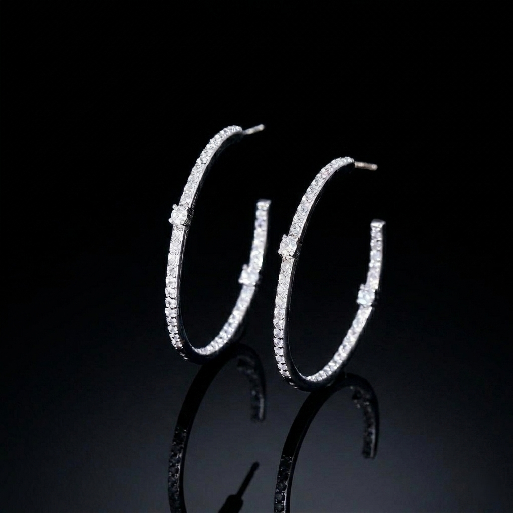 Elegant hoop earrings in a sleek silver-colored finish, fully embellished with a continuous line of sparkling, clear round-cut zirconias.