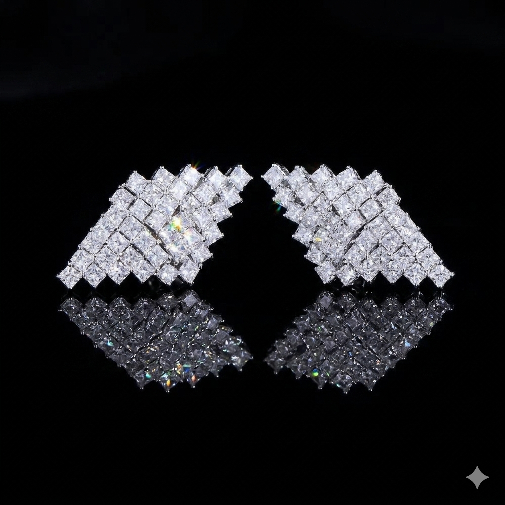 Symmetrical horizontal arrangement of geometric prism-inspired statement earrings, with intricately set clear stone clusters reflecting light, presented on a dark, polished mirror surface for a modern 'Quiet Luxury' aesthetic.