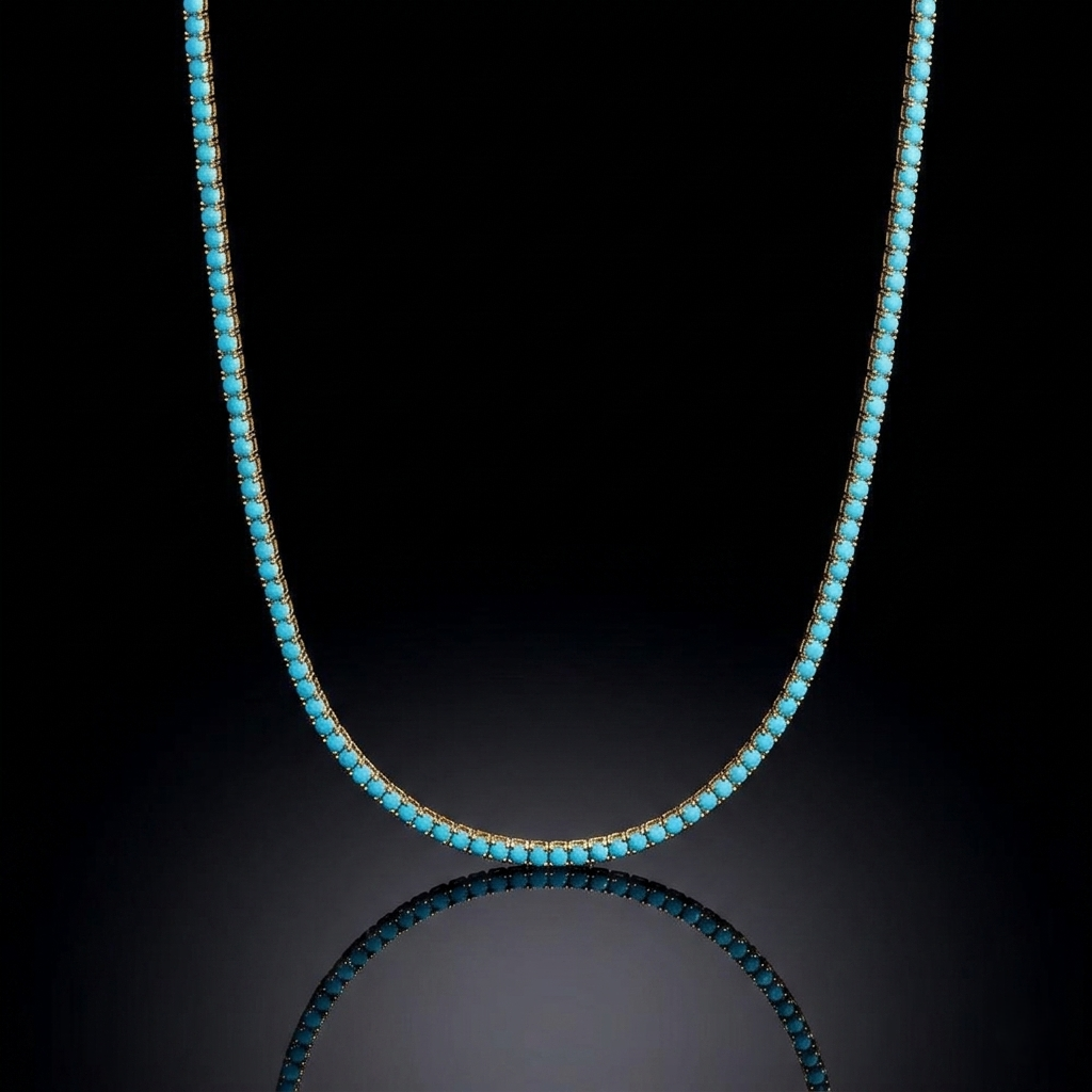 Gold tennis necklace with round turquoise stones on a black background.