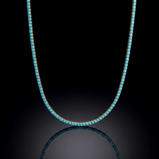 Gold tennis necklace with round turquoise stones on a black background.