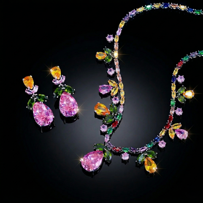 Floral luxury jewelry set, vibrant pink and green zircon stones, necklace and earrings for a high-fashion statement look