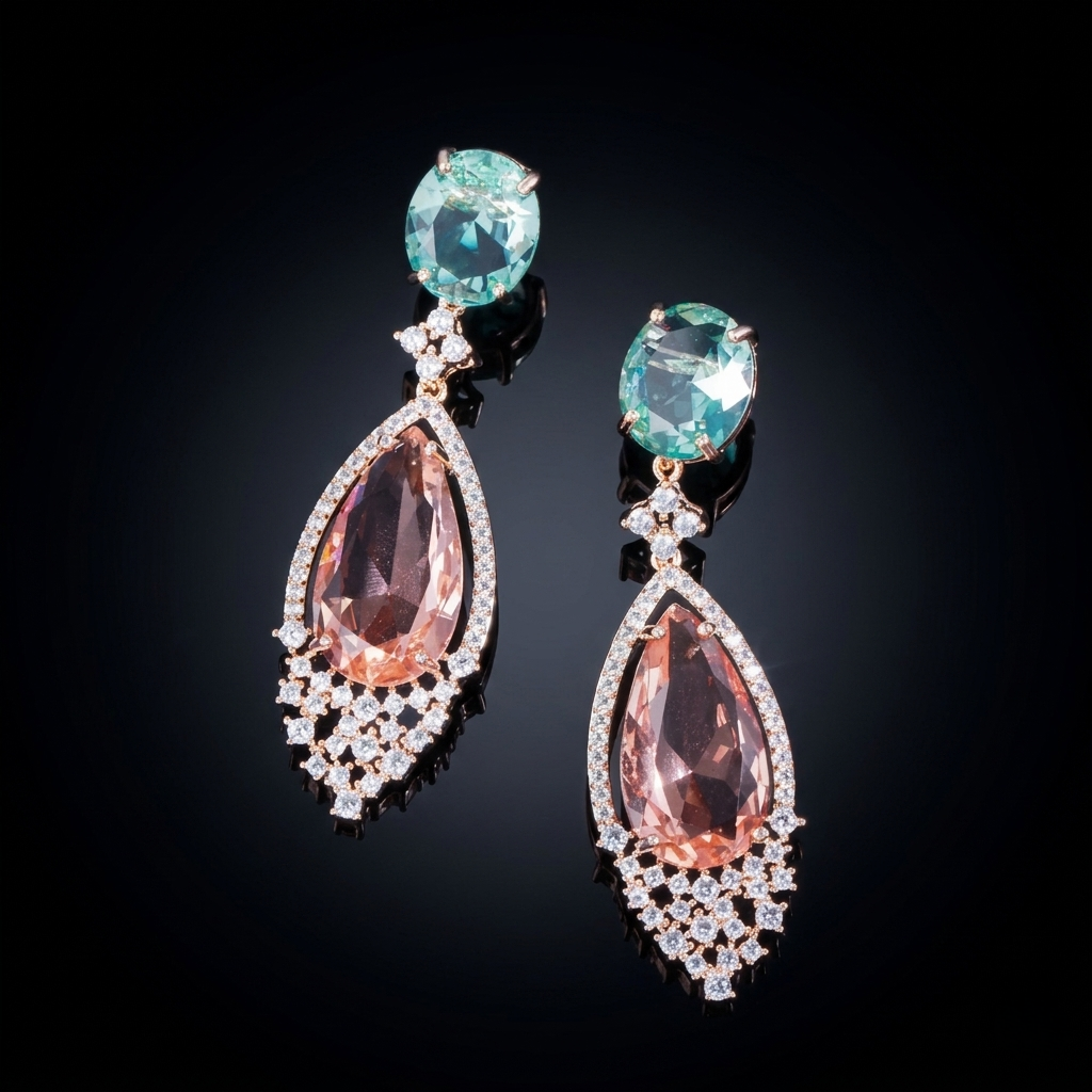 Luxury drop earrings featuring a teardrop-shaped peach stone suspended below a round turquoise stone, accented with delicate sparkling crystals on a black background.